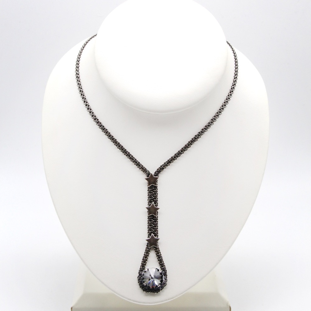 Handmade Swarovski Crystal Star Drop Necklace Gunmetal 20” Statement Pendant - Picture 3 of 4